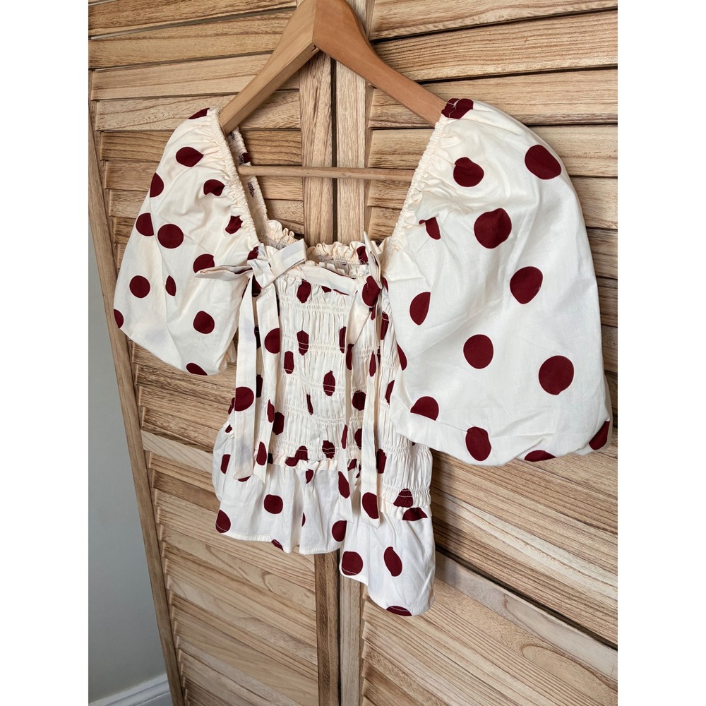 Francesca's Polka Dot Smocked Puff Sleeve Peplum Blouse Cream Burgundy M Femme
